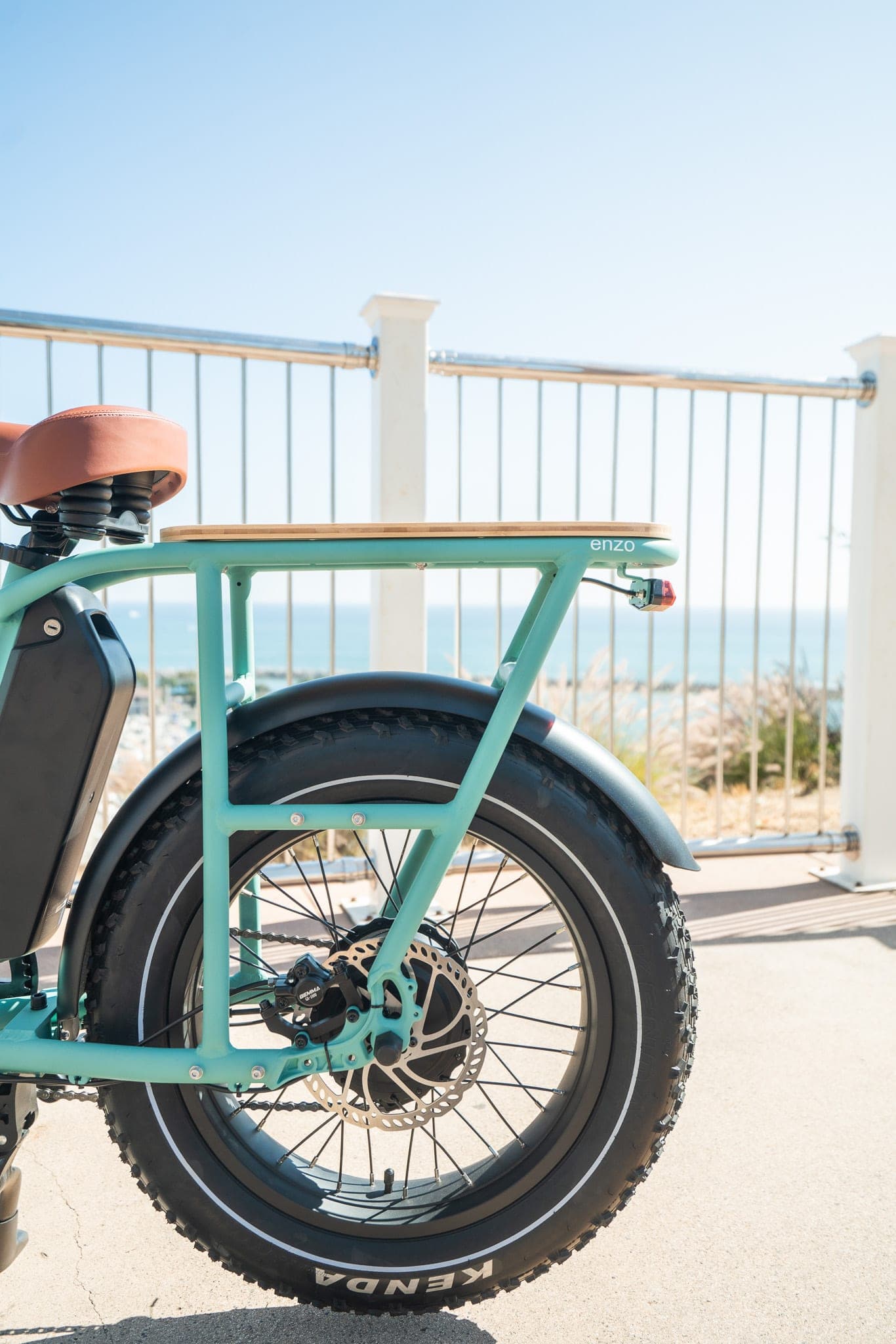 Detail of a seafoam electric bike's wooden rear rack and fat tire against an oceanfront railing