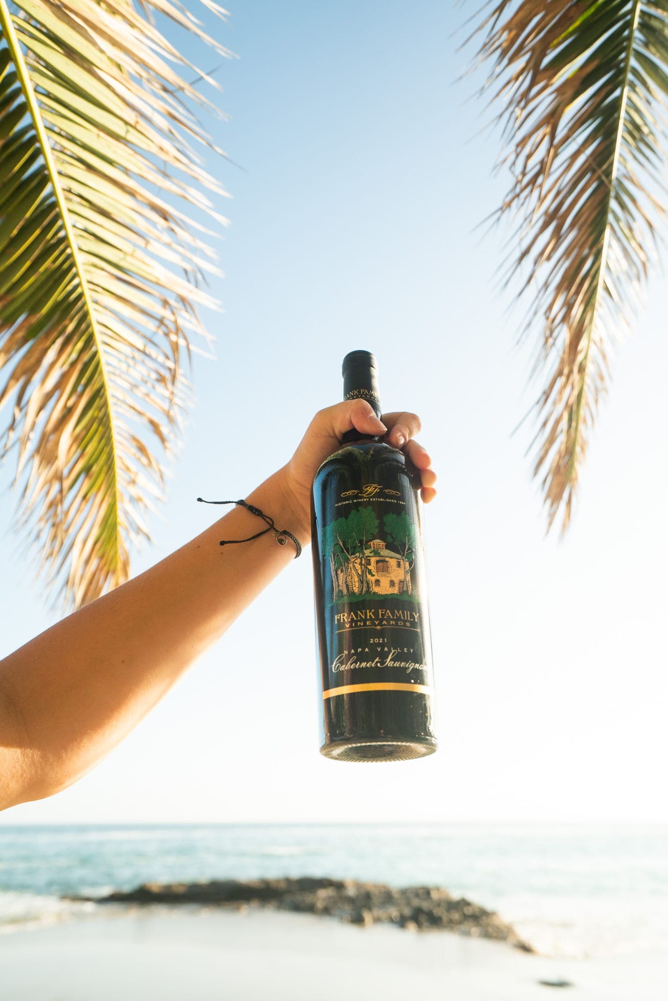Hand raising a bottle of Napa Valley cabernet toward palm fronds with the ocean below